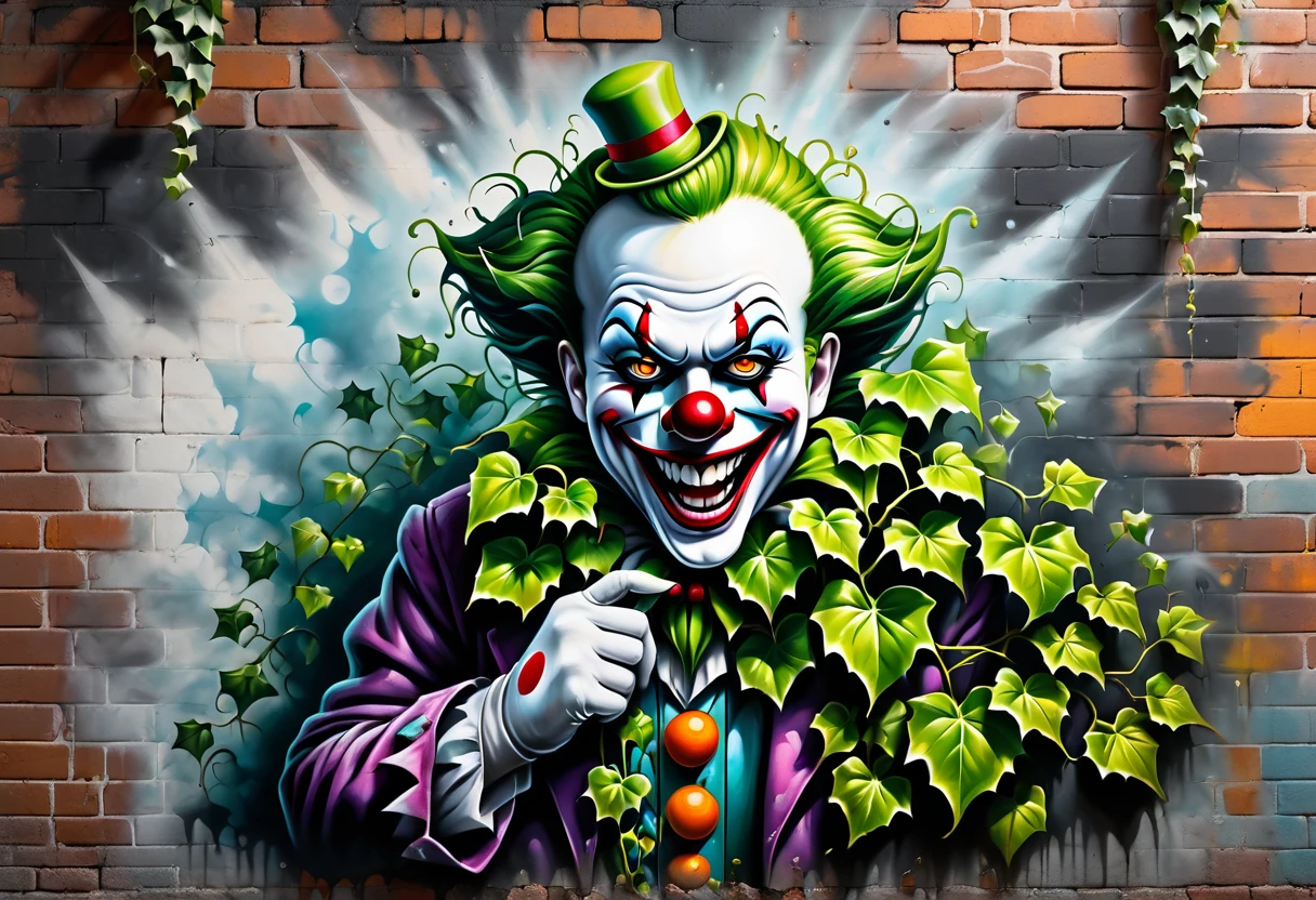 Graffiti Art, Spray Art, (((ivy: 1.3))) growing on a brick wall. (((Aerosols: 1.3))). creepy clown, hyperrealistic 3D rendering, menacing grin, reaching out with long, bony fingers, bright colors, haunted carnival background, intricate details, bizarre yet creepy atmosphere, ripped and torn clothes, foggy environment, dramatic lighting, ultra thin, octane render, graffiti on brick wall,
