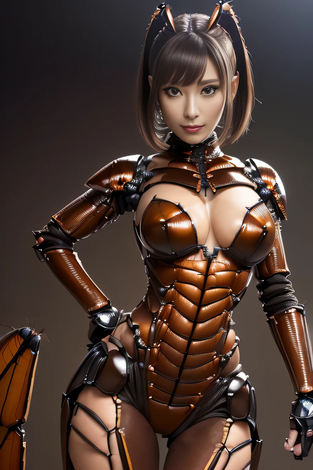 (high resolution,masterpiece,best quality,extremely detailed CG, anime, official art:1.4), realistic, photo, amazing fine details, all intricate, gloss and shiny,awesome many layers, 8k wall paper, 3d, sketch, kawaii, illustration,( solo:1.4), perfect female proportion,villainess, (fusion of dark brown cockroach and lady:1.4), (brown cockroach form lady:1.2), (brown cockroach lady:1.2), (fusion:1.2), (solo:1.4), (evil smile:1.2), muscular, abs, (cockroach brown exoskeleton bio insect suit:1.4), (cockroach brown exoskeleton bio insect armor:1.2), (brown transparency cockroach wing:1.4), (brown cockroach antennae:1.3),