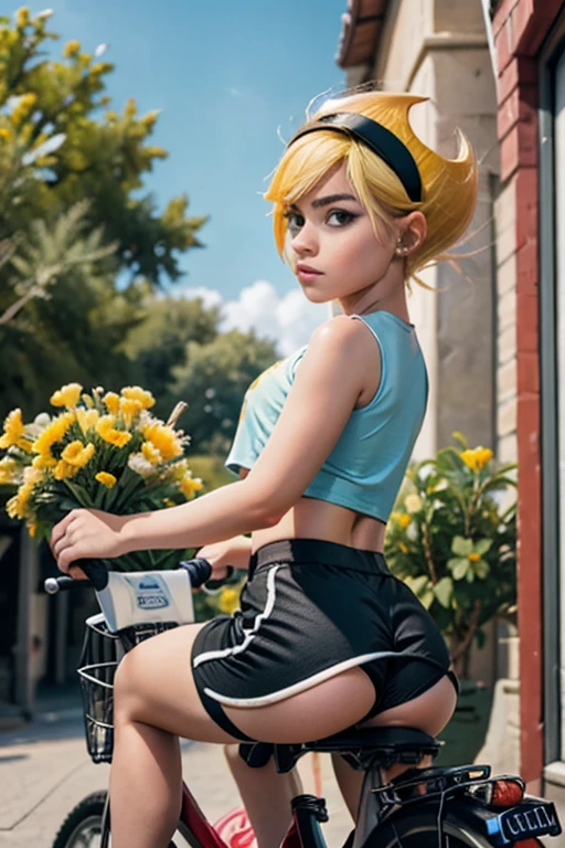 Bombom 10 years, short yellow hair with a black headband, pechos muy gigantis, very fat legs, caderas grandis, nalgas muy gigantis, sitting astraddle atop the side of a bicycle with flowers in the background, 1 girl, Alone, micro shorts, is, shirt, black micro shorts, thighs, outdoor, mirando al ispectador, sleeveless, crop top, sleeveless shirt, hombros discubiertos, blue shirt, haddock, vehículo terristre, bermuda micro shorts, diaphragm, day, bicycle, brazos disnudos, old, looking back, Lateral, :t, dolphin micro shorts