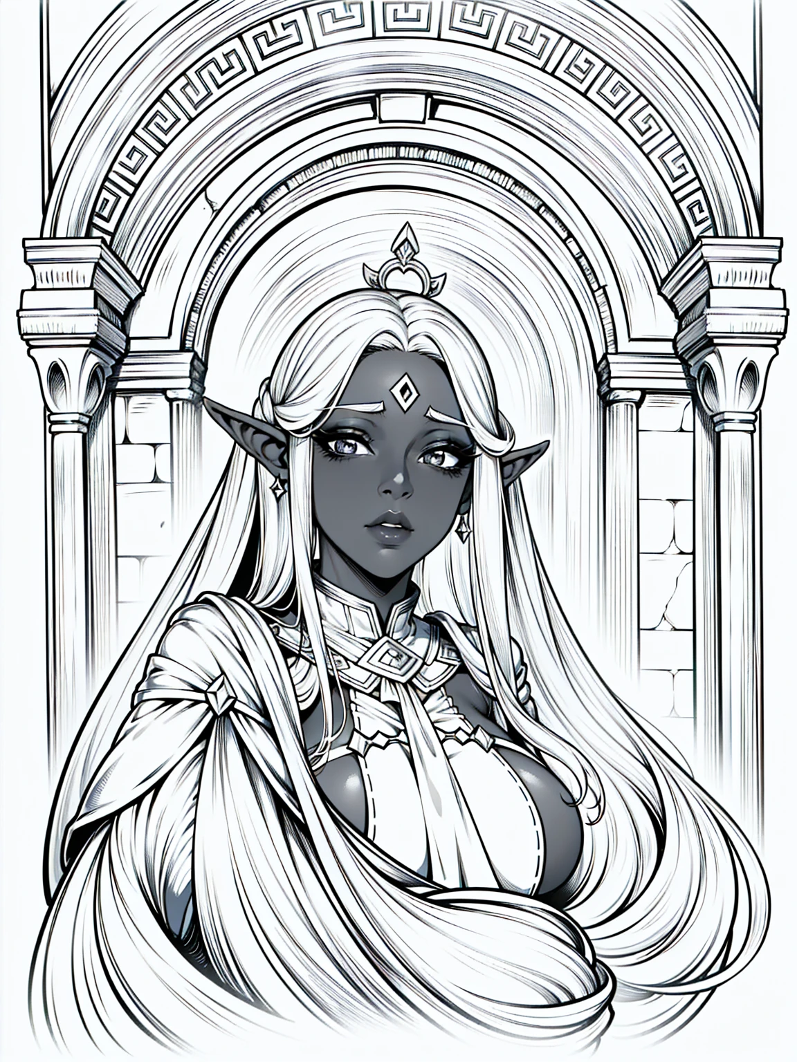 {4 k image}, 1 beautiful elf woman ((darkskin)), 30 years old, Greek nose and fireplace-shaped lips, busty, extremely long hair, looking straight ahead with a neutral expression, {facial portrait}, no back ground, manga line art{monochrome}