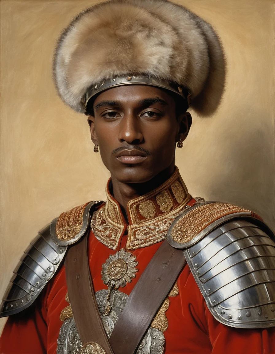 {{Masterpiece, best quality, oil painting, by Léon Bakst, male focus, muted colors}}, the composition is: ((((dramatic portrait of a 20 years old ancient Praetorian guard, sexy, bronze skin, magnificent, wearing a beige Russian fur hat, he is wearing a red diamond shape pendant)))). (((((He is wearing a lorica uniform made of velvet and alligator leather with ronin inspired elements, Slavic inspired elements, wearing a satin sash)))).