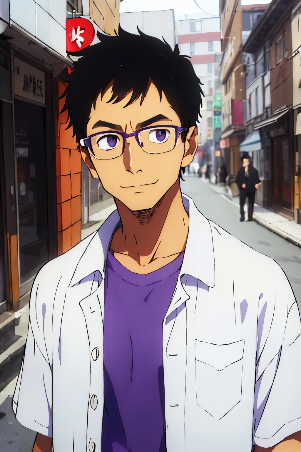 (best quality,high resolution,Extremely detailed) A 40-year-old man with black hair and oriental hair wearing white clothes, Wearing gold-rimmed glasses, . He has short hair.On the Street. Wearing a purple shirt.light coat . Right hand showing love.Front with one hand in pocket,Carrying camera on chest.,Have dimples