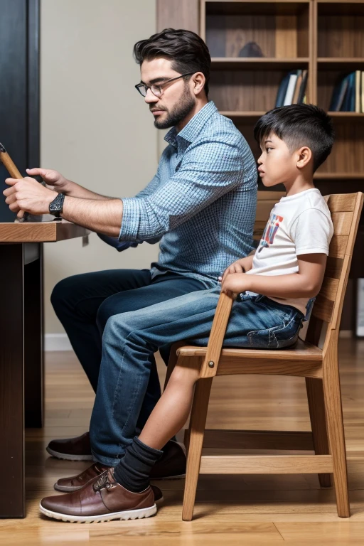 a father sitting on a chair teaching his son how to trade cryptocurrency and his son sit beside him while his mom looking angrily in front of her son with broom on her hand