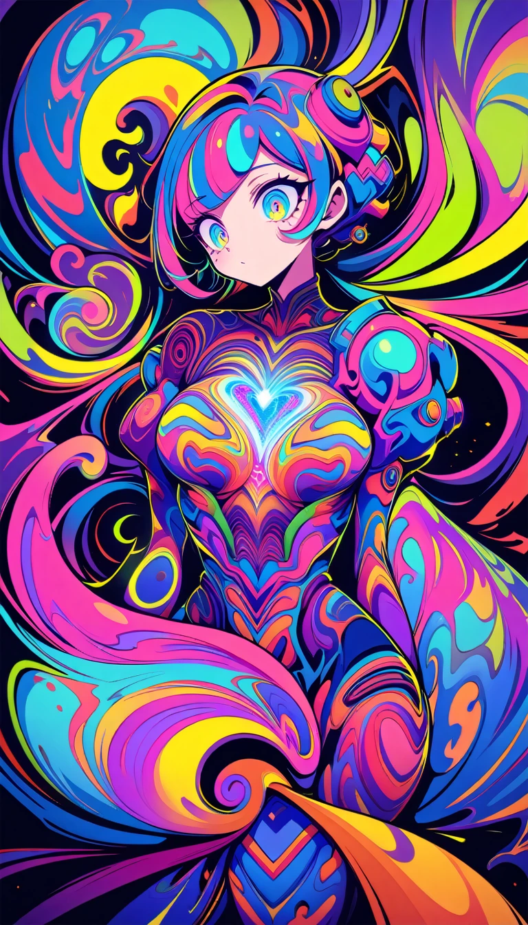 ((best quality)) , ((masterpiece)) , (detailed),League of Legends Champion Z amidst, with a giant iron armoured body and glowing blue eyes, and an internal mechanical heart displayed on his chest, in the style of fantasy.,psychedelic style . vibrant colors, swirling patterns, abstract forms, surreal, trippy