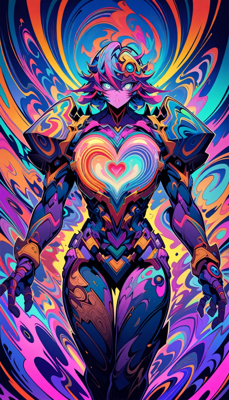 ((best quality)) , ((masterpiece)) , (detailed)，League of Legends Champion Z amidst, with a giant iron armoured body and glowing blue eyes, and an internal mechanical heart displayed on his chest, in the style of fantasy.,psychedelic style . vibrant colors, swirling patterns, abstract forms, surreal, trippy