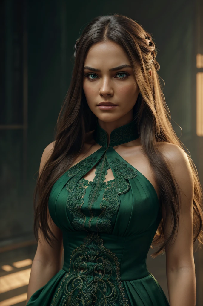 a beautiful woman standing in a green dress with folded hands, angry facial expression, long hair, 8k HD, animation style, photorealistic, detailed face and eyes, detailed dress, studio lighting, vibrant colors, 4k, hyperrealistic, intricate details, masterpiece