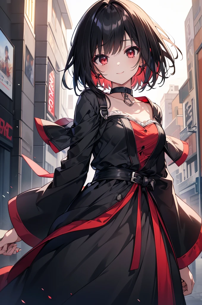 (masterpiece, highest quality, highest quality, (No text), Beautiful and aesthetic:1.2),No text,アニメ、BREAK,One Girl,Black Hair Girl short hair older sister choker Beautiful eyes Red eyes cool smile Black and Red dress Black jacket whole body In town
