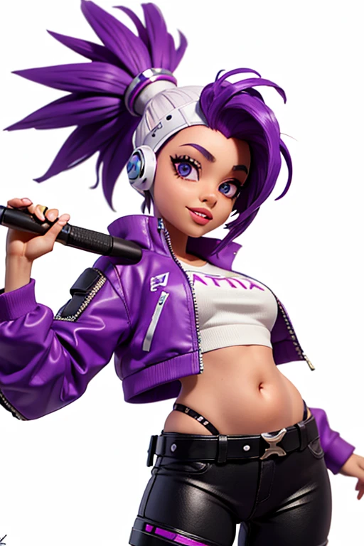 one,8k highly detailed, casual games, , 3D art style, Half body photo,White background,big eyes,cute,Model posing,mature African American woman,solid color background, purple Mohawk hair,Smile,(((White background))),((Cyberpunk clothing)),Punk clothes,cyberpunk style,Show belly,Face shot, purple Mohawk hair, playing a electric guitar, singing into a microphone, with big perfect lips.