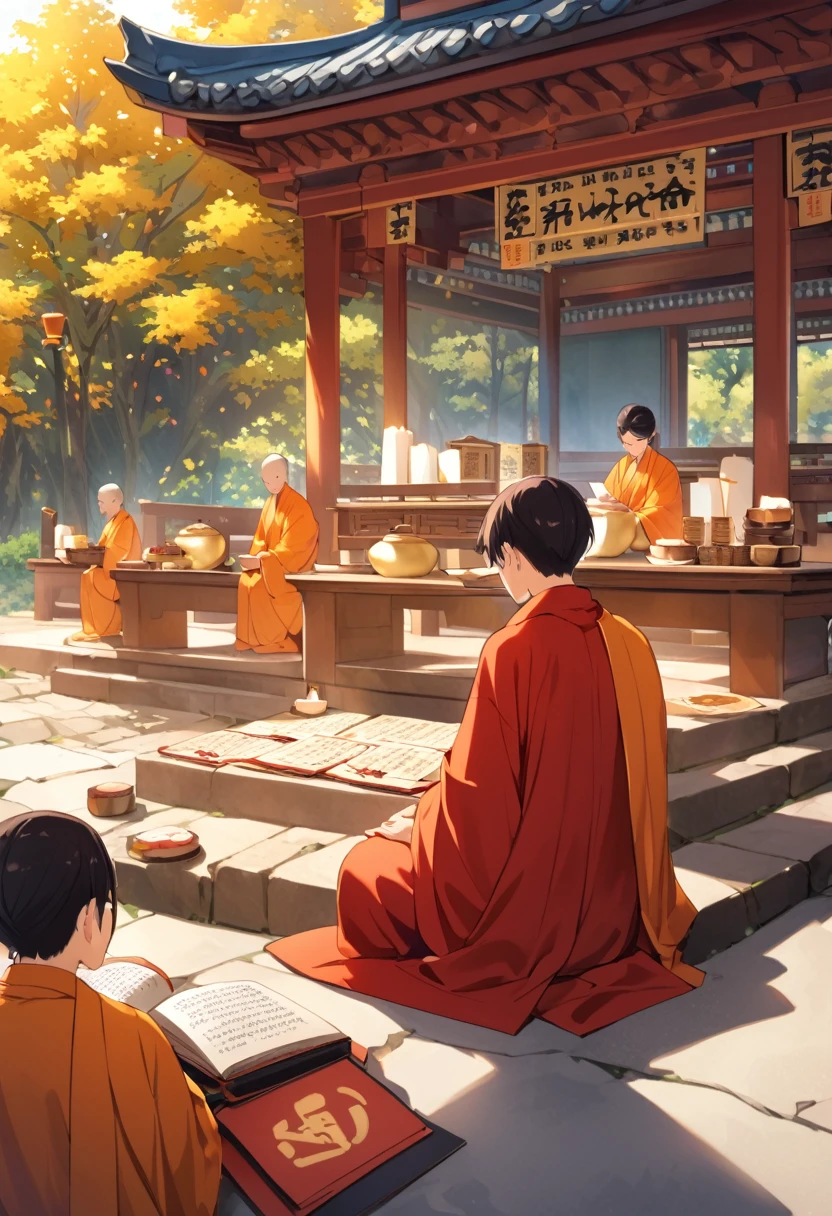 Tsunayoshi reading out Buddhist scriptures、There are offerings all around