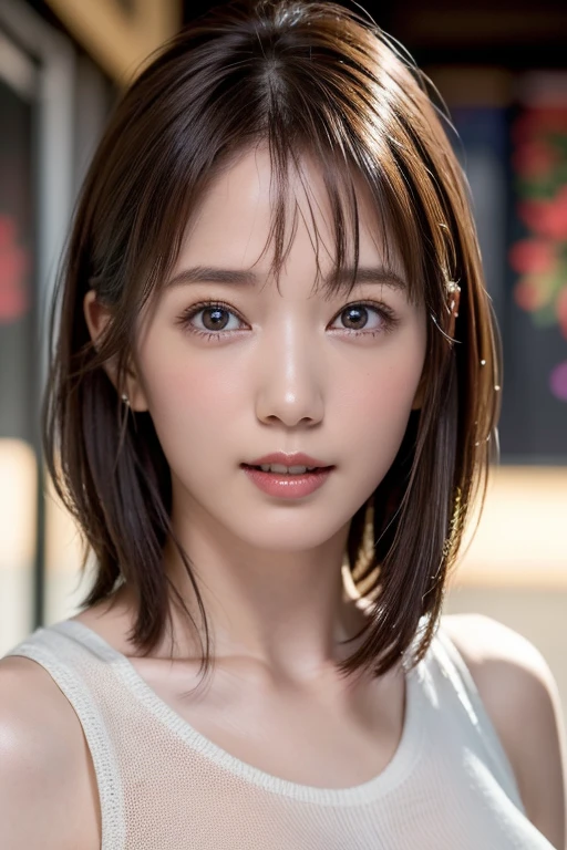 (masterpiece:1.3), (8k, Realistic, RAW Photos, Best image quality: 1.4), Japanese 、(Random Hairstyles:1.2)、Cleavage:1.2、Highly detailed face、Attention to detail、double eyelid、Chest to chest、Sharp focus:1.2、Beautiful woman:1.4、Light brown hair、Highest quality、masterpiece、Ultra-high resolution、(Realistic:1.4)、Highly detailed and professionally lit smiles、Loose, lightweight knitwear、Shoulder out、thin、Serious expression、Short-haired、Deadly position