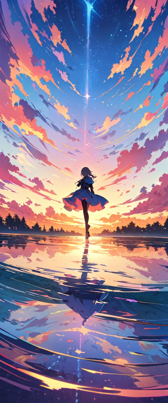 Official Art, Unified 8k wallpaper, Very detailed,  masterpiece, Best image quality，Ultra Wide Angle，evening，woman，Standing in the pond，The water is like a mirror，Reflecting the sky。Looking up at the sky，Colorful sunset，Dynamic Angle, Grace, Bright colors,