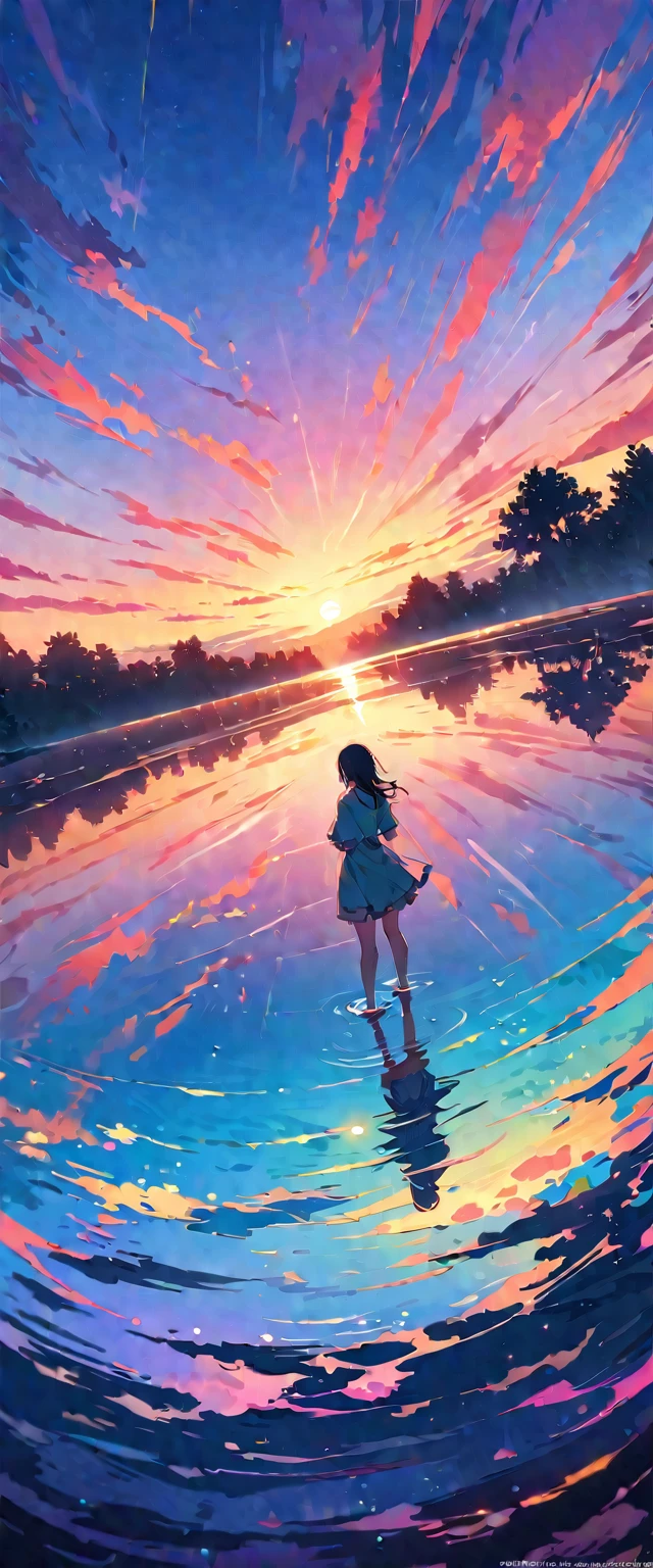 Official Art, Unified 8k wallpaper, Very detailed, masterpiece, Best image quality,Ultra Wide Angle,evening,woman,Standing in the pond,The water is like a mirror,Reflecting the sky。Looking up at the sky,Colorful sunset,Dynamic Angle, Grace, Bright colors,