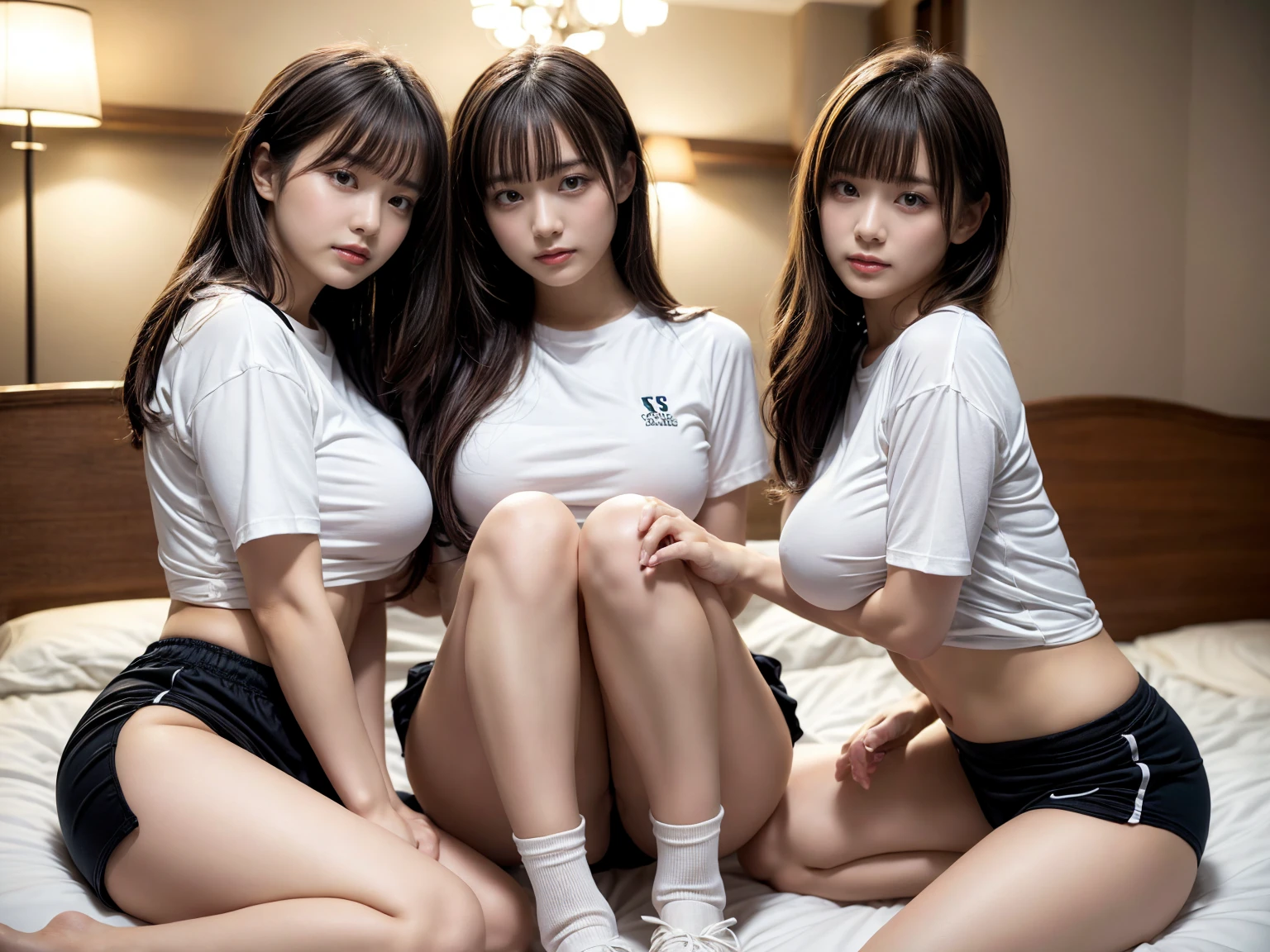 masterpiece, best quality, illustration, Super detailed, fine details, High resolution, 8K,wall paper, perfect dynamic composition,(Details High quality, realistic depiction of eyes:1.3), (2 girls), oversized sport shirt, shorts women, sitting, open legs, short bob hair, in a hotel room in the background, deep on field, large breasts, black hair color, Big Natural Color Lip, (perfect body shape), crying a little、Harajuku style、20 year old girl、cute type、beautiful legs, Gravure Idol