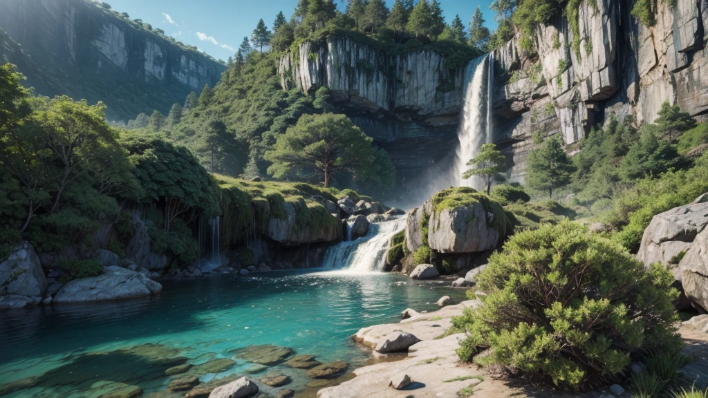 Generate a landscape with vegetation, waterfall and BIG rocks.