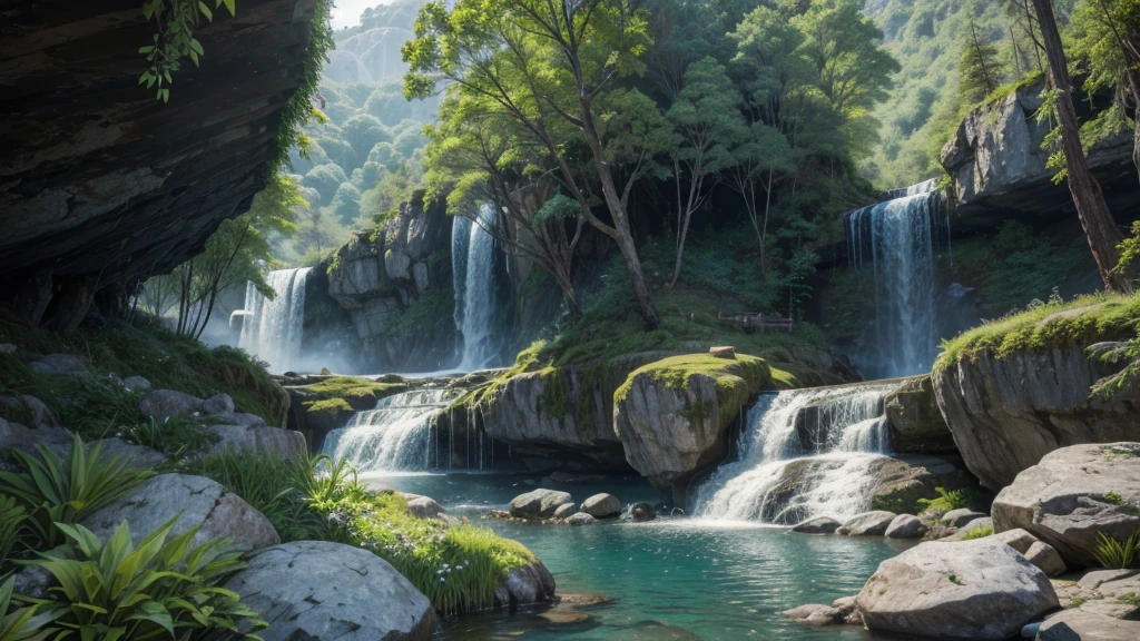 Generate a landscape with vegetation, waterfall and BIG rocks.