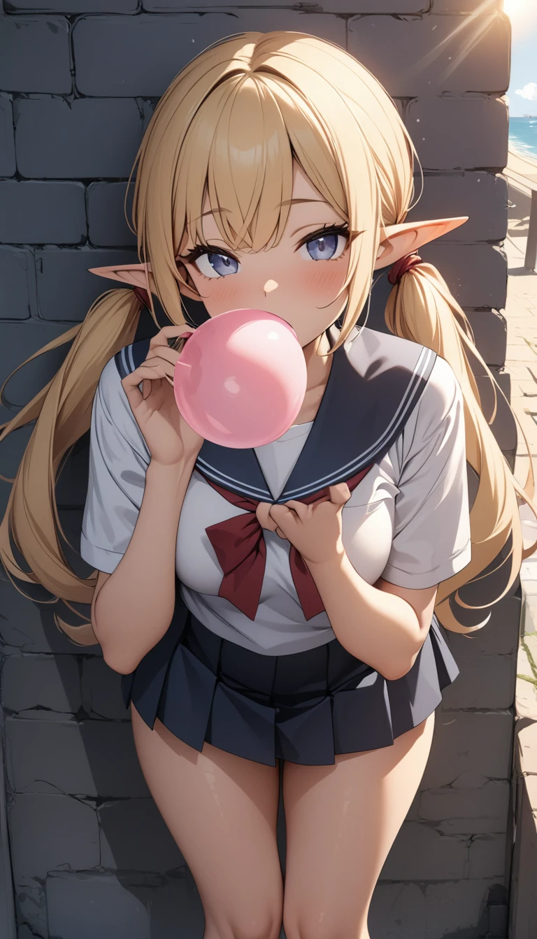 ((best quality)), ((masterpiece)), (detailed), blonde hair, twintails, backlighting, high quality, best quality, high details, Japanese school girl uniform, blowing up bubble gum, taking a selfie with a smartphone, summer sunlight, sun, sunny weather, standing by a brick wall, elf, pointy ears, Leaning against a wall, ribbon, big ribbons at the knot of her twintails