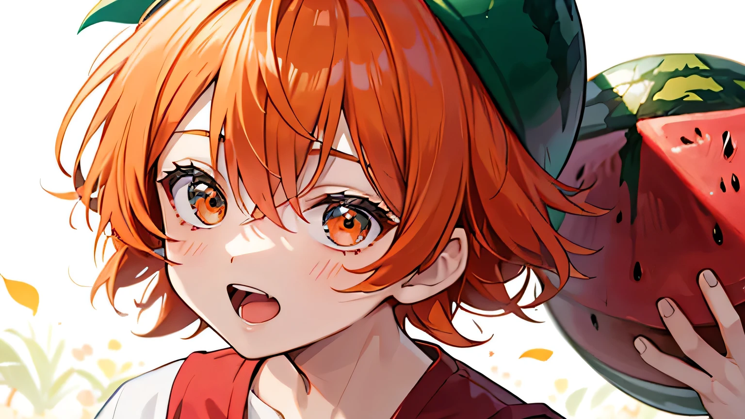 a close up of a picture of a cartoon looking ??? wearing a watermelon hat, watermelon, fruit, food, > <, short hair, 1boy, orange hair,singing