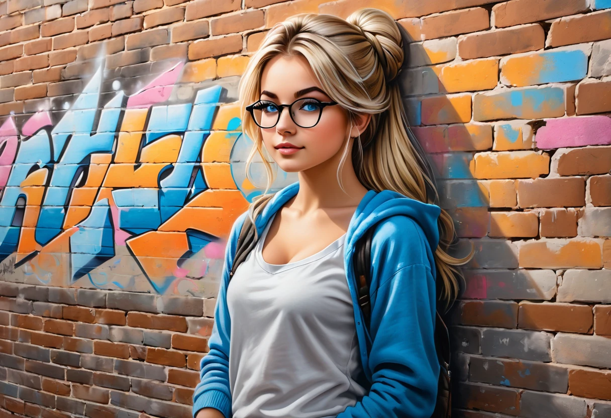 graffiti, Pastel, graffiti on brick wall, spray painting on wall, color graffiti, Street art, Spray paint, Street canvas, Graffiti artist, Graffiti art, Spray art, 17 year old medieval girl, named Sophie, medium blonde hair, blue eyes, medium breasts, dynamic look, Teenage peasant girl, full body, ************, (masterpiece), Ultra high definition, 8K, UHD masterpiece, unrivaled masterpiece, ultra realistic 8k, One beautiful girl, {table}, ((Best quality)), high definition, {{ultra detailed}}, {high detail CG}, {8K wallpaper}, kawaii, anime, Library ladder, Climbing up to get a book on the top shelf, evening, Books of different sizes surround her., Vertical view of tall bookshelf, warm overhead lighting, focus on her curiosity, skin and paper texture, knowledge seeking mood, wearing glasses and sweater, hair in a loose bun