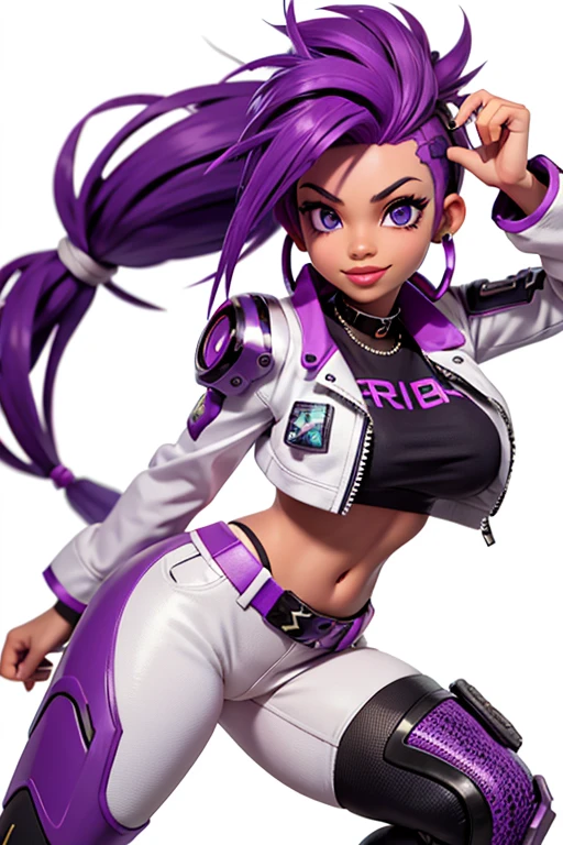 one,8k highly detailed, casual games, , 3D art style, Half body photo,White background,big eyes,cute,Model posing,mature African American woman,solid color background, purple Mohawk hair,Smile,(((White background))),((Cyberpunk clothing)),Punk clothes,cyberpunk style,Show belly,Face shot, purple Mohawk hair, playing a electric guitar, singing into a microphone, with big perfect lips.