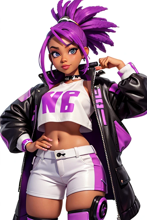 one,8k highly detailed, casual games, , 3D art style, Half body photo,White background,big eyes,cute,Model posing,mature African American woman,solid color background, purple Mohawk hair,Smile,(((White background))),((Cyberpunk clothing)),Punk clothes,cyberpunk style,Show belly,Face shot, purple Mohawk hair, playing a electric guitar, singing into a microphone, with big perfect lips.