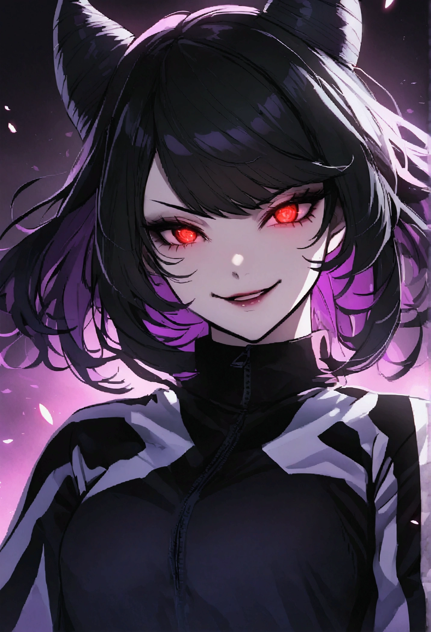 dark eye shadow,shining eyes,beautiful young fitness woman with , in a gym wearing May with black pantyhose, white and black gym jacket. standing alone,hair horns,red eyes glowing,Evil smile,legging preto ,labiaa,dark eye shadow,shining eyes,close up,hair with purple details .evil smile,couple,juri han