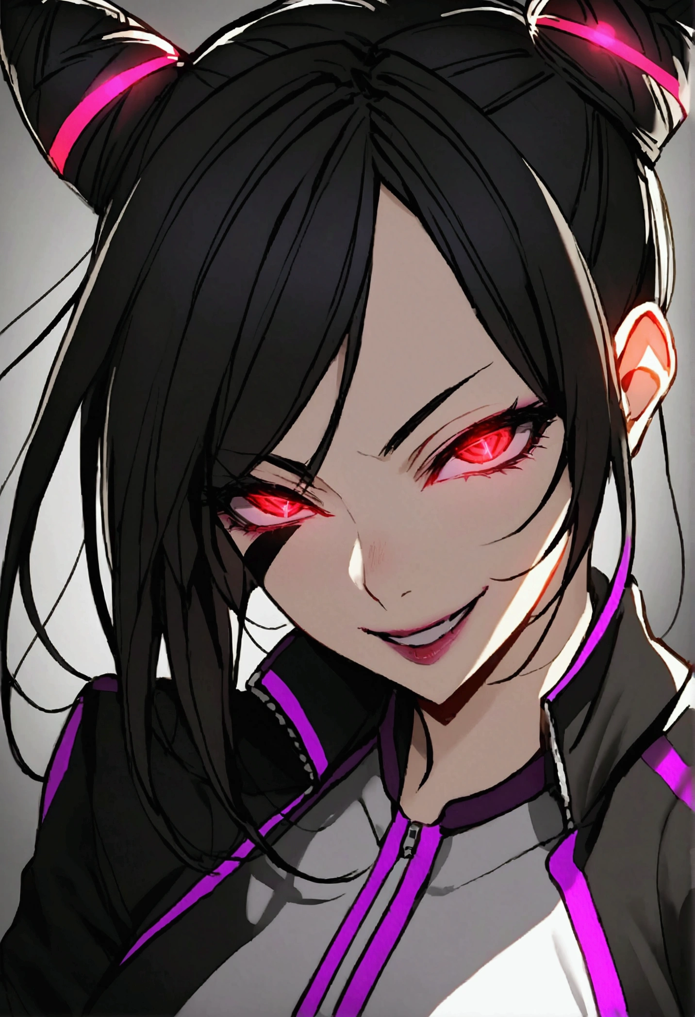 dark eye shadow,shining eyes,beautiful young fitness woman with , in a gym wearing May with black pantyhose, white and black gym jacket. standing alone,hair horns,red eyes glowing,Evil smile,legging preto ,labiaa,dark eye shadow,shining eyes,close up,hair with purple details .evil smile,couple,juri han
