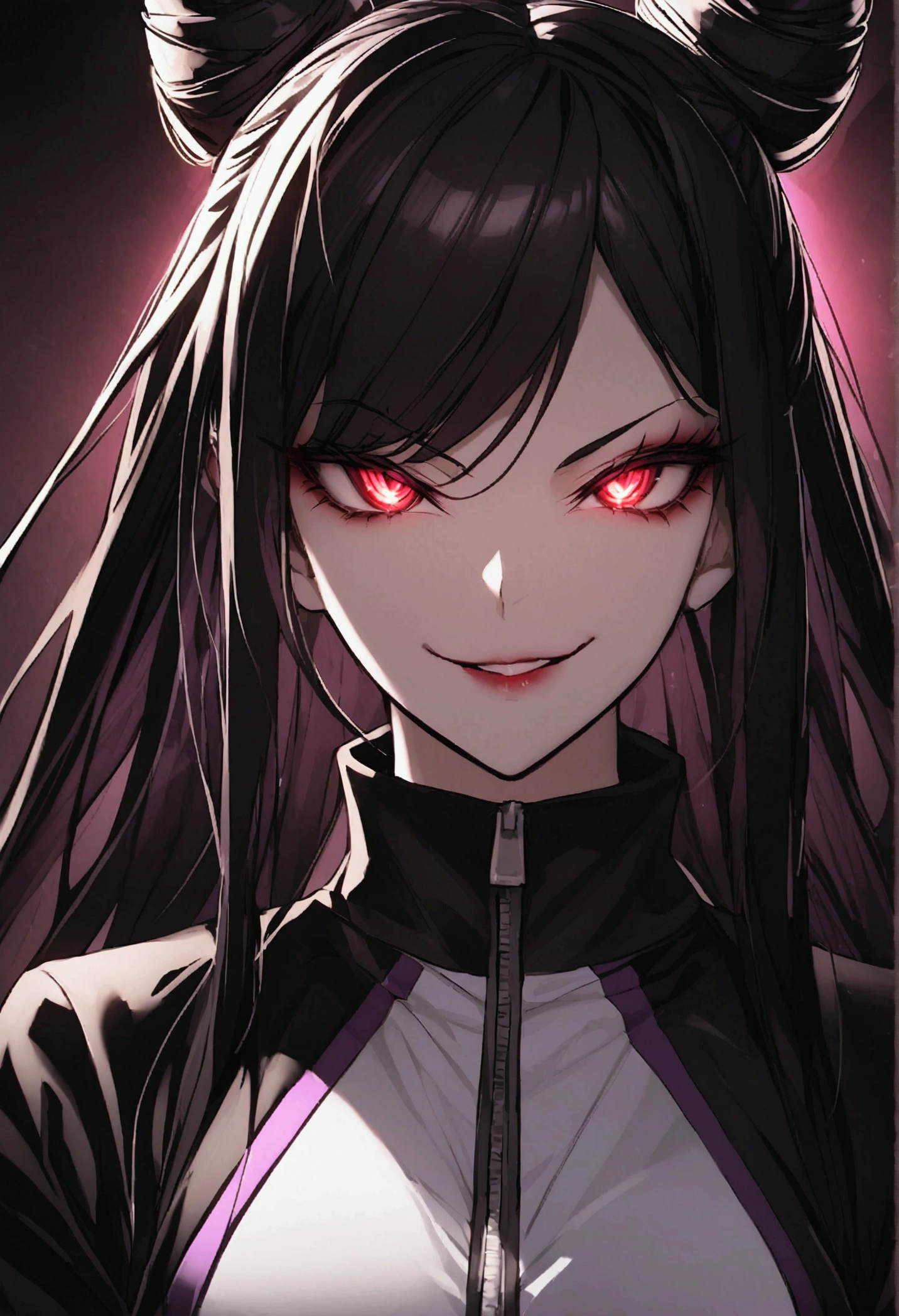 dark eye shadow,shining eyes,beautiful young fitness woman with , in a gym wearing May with black pantyhose, white and black gym jacket. standing alone,hair horns,red eyes glowing,Evil smile,legging preto ,labiaa,dark eye shadow,shining eyes,close up,hair with purple details .evil smile,couple,juri han