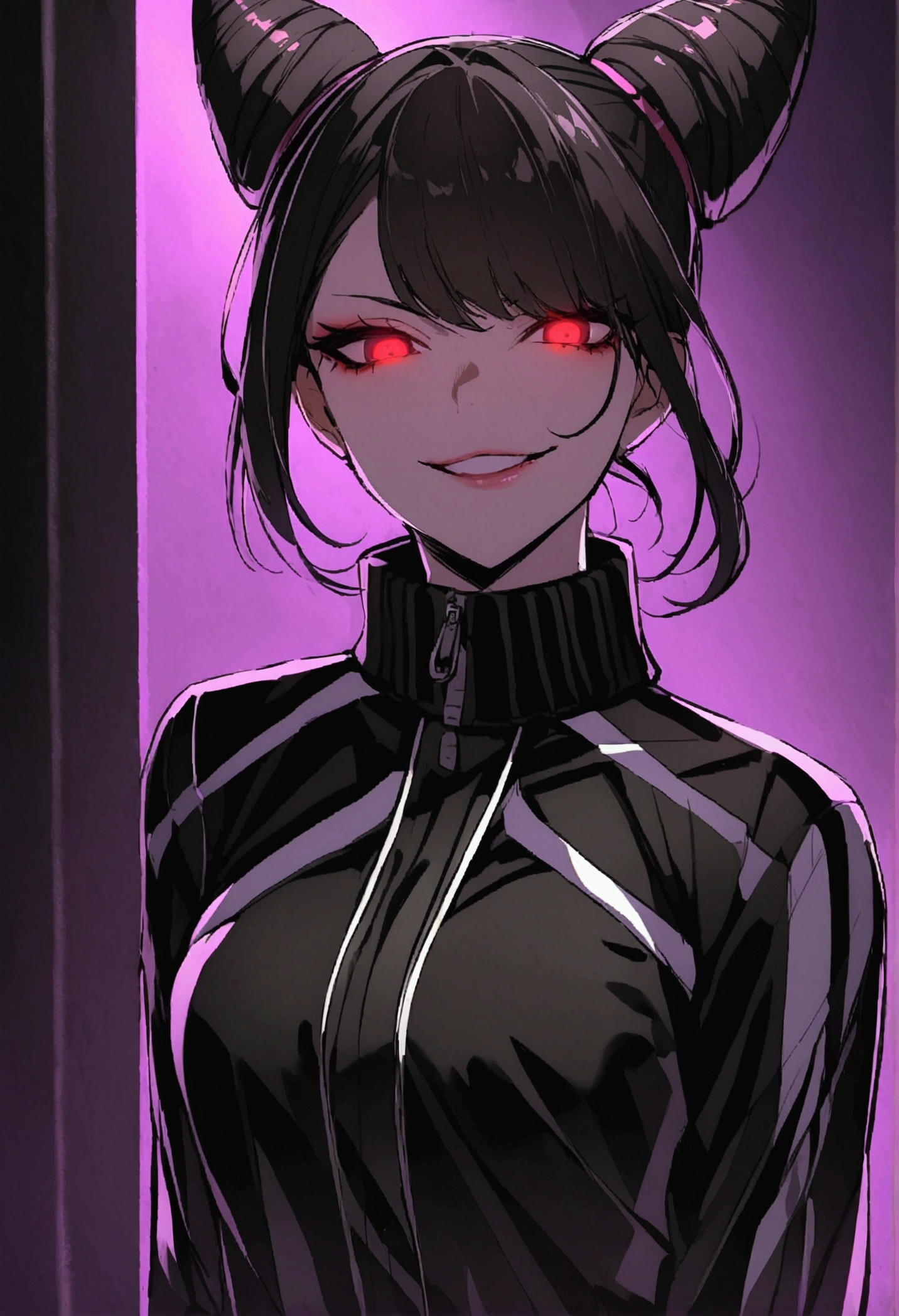 dark eye shadow,shining eyes,beautiful young fitness woman with , in a gym wearing May with black hose, white and black gym jacket. standing alone,hair horns,red eyes glowing,Evil smile,legging preto ,labiak eye shadow,shining eyes,close up,hair with purple details .evil smile,couple,juri han