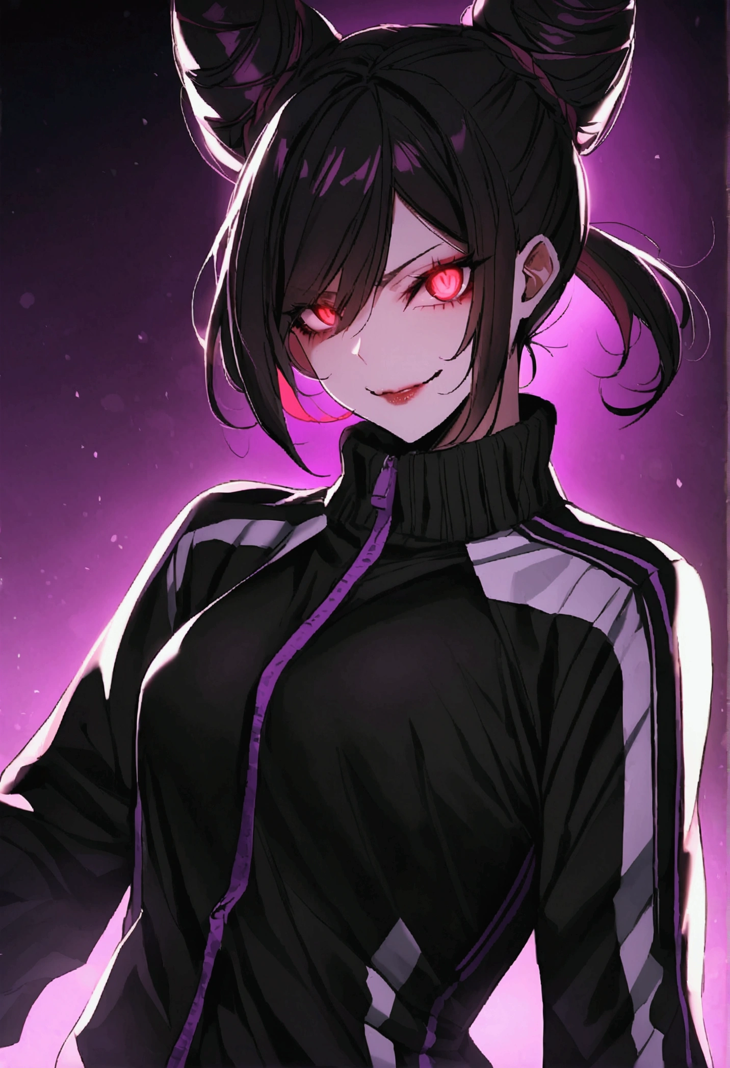 dark eye shadow,shining eyes,beautiful young fitness woman with , in a gym wearing May with black pantyhose, white and black gym jacket. standing alone,hair horns,red eyes glowing,Evil smile,legging preto ,labiaa,dark eye shadow,shining eyes,close up,hair with purple details .evil smile,couple,juri han
