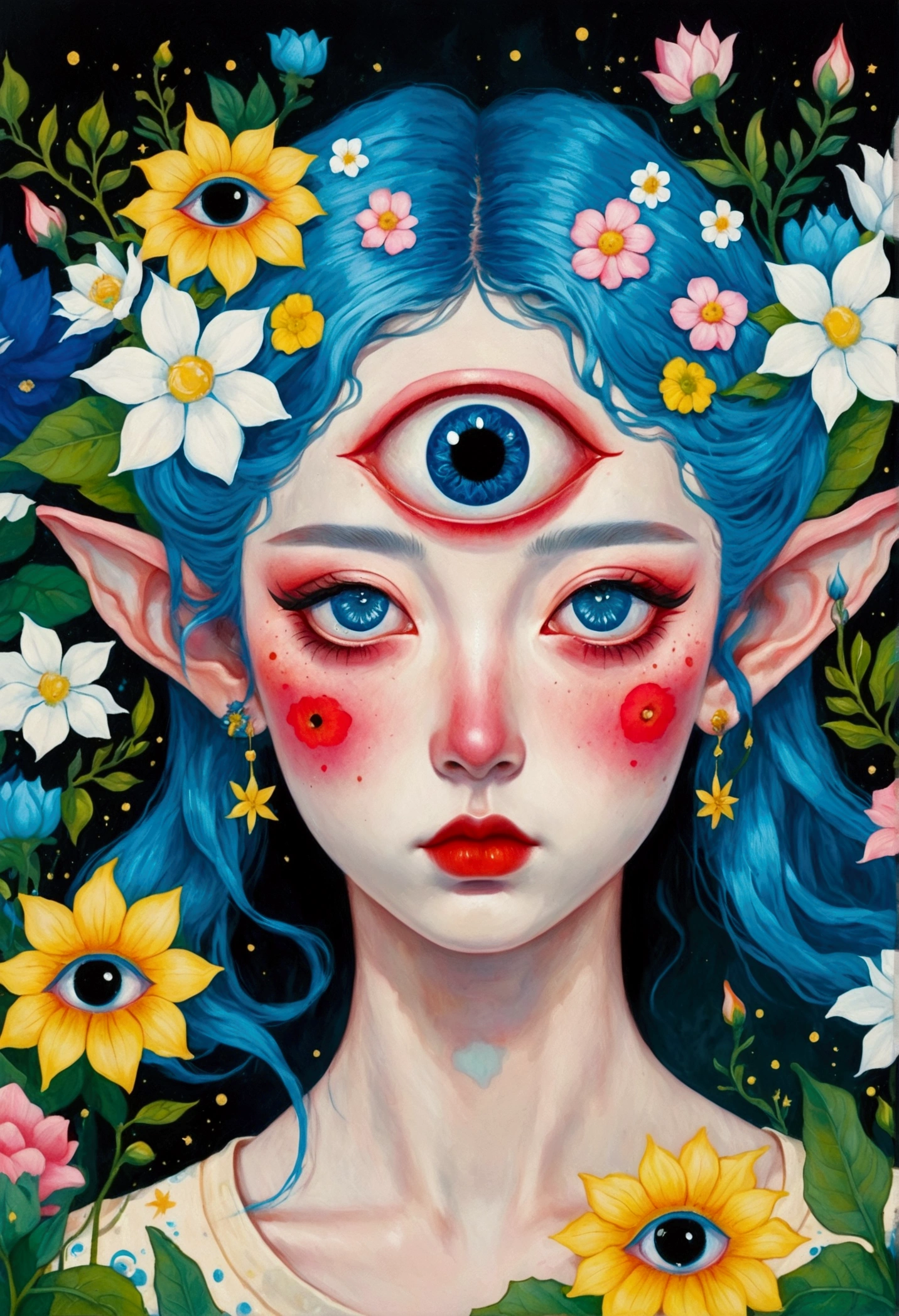 The painting shows a woman with blue hair and blue eyes，Elf ears，Surrounded by flowers, Nandor Katona (Soldier Nándor) Surrealism, Winner of the Behance competition, Pop surrealism, Pop surrealism lowbrow art style, lowbrow Pop surrealism, japanese Pop surrealism, Third Eye Vision, Star-studded eyes, The Third Eye, Portrait of a mysterious giant eye, Psychedelic illustration