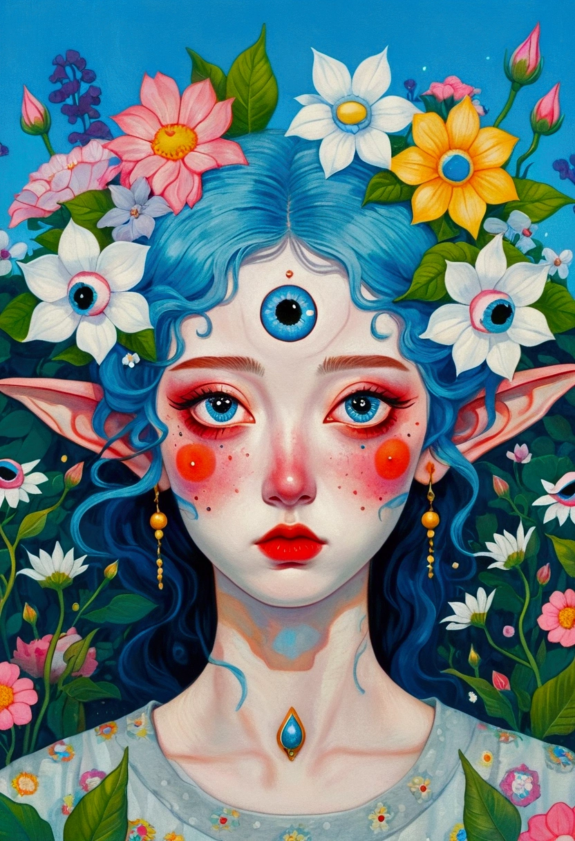 The painting shows a woman with blue hair and blue eyes,Elf ears,Surrounded by flowers, Nandor Katona (Soldier Nándor) Surrealism, Winner of the Behance competition, Pop surrealism, Pop surrealism lowbrow art style, lowbrow Pop surrealism, japanese Pop surrealism, Third Eye Vision, Star-studded eyes, The Third Eye, Portrait of a mysterious giant eye, Psychedelic illustration