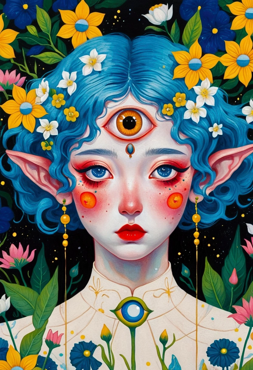 The painting shows a woman with blue hair and blue eyes,Elf ears,Surrounded by flowers, Nandor Katona (Soldier Nándor) Surrealism, Winner of the Behance competition, Pop surrealism, Pop surrealism lowbrow art style, lowbrow Pop surrealism, japanese Pop surrealism, Third Eye Vision, Star-studded eyes, The Third Eye, Portrait of a mysterious giant eye, Psychedelic illustration