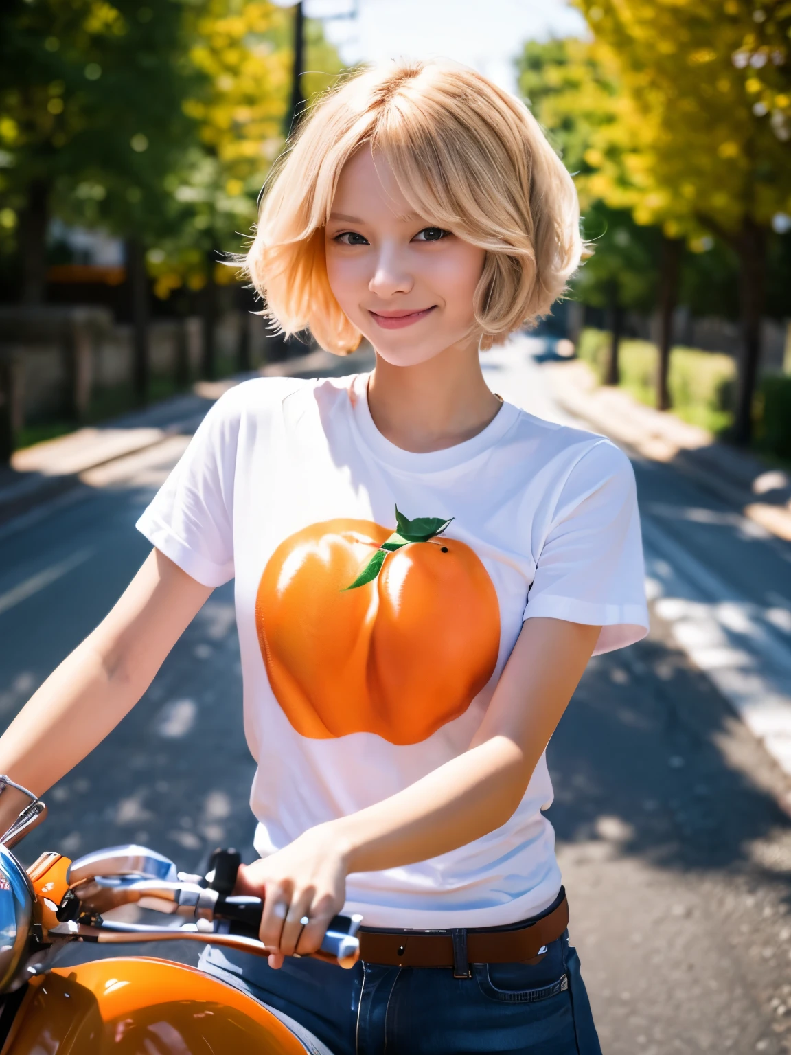 high resolution、High definition、1 girl, smile, Beautiful breasts, D Cup, (Small face:1.5), Beautiful Russian woman, (Blonde berry shorthair:1. 3), Long, slender legs, ((Riding a motorcycle on the road)), (((T-shirt and orange leather pants)))