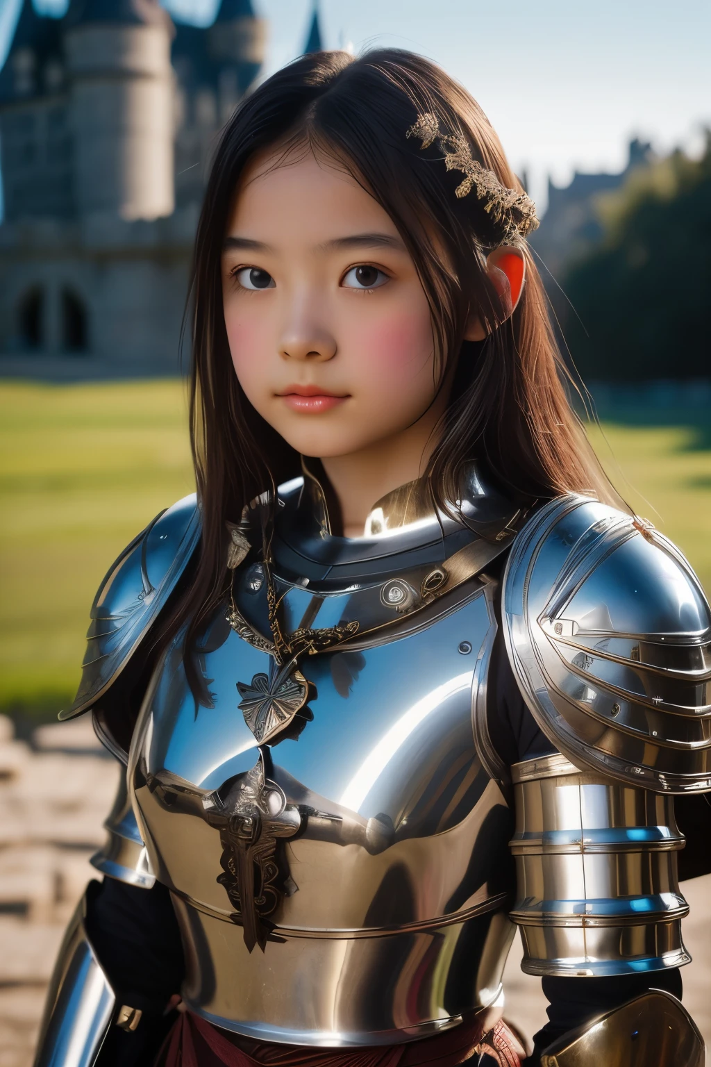 Portrait of girl in medieval armor, bijouterie, metal reflection, upper body, intense sunlight, distant castle, professional photography, dramatic, movie lights, film grain, Sentence on the chest, blurred background