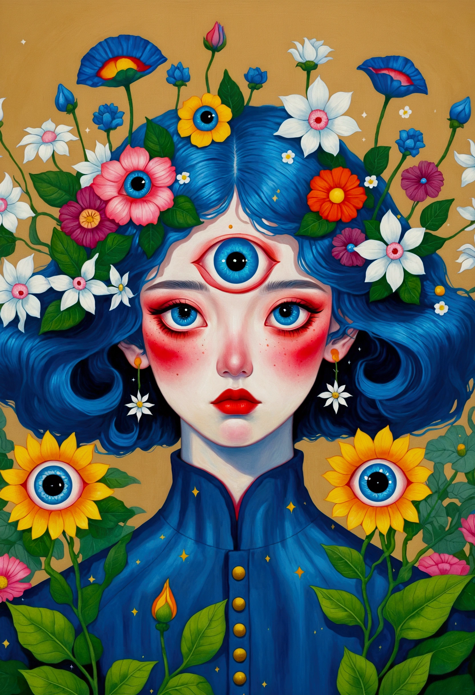 The painting shows a woman with blue hair and blue eyes，Surrounded by flowers, Nandor Katona (Soldier Nándor) Surrealism, Winner of the Behance competition, Pop surrealism, Pop surrealism lowbrow art style, lowbrow Pop surrealism, japanese Pop surrealism, Third Eye Vision, Star-studded eyes, The Third Eye, Portrait of a mysterious giant eye, Psychedelic illustration