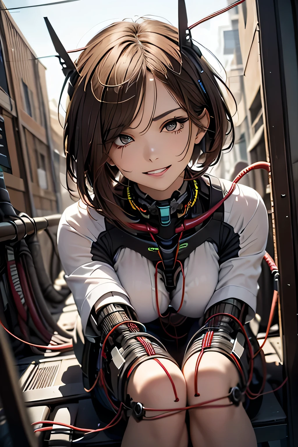(((masterpiece))), (((Highest quality))), ((Very detailedな)), (Detailed CG illustrations), ((Very delicate and beautiful)),Cinematic Light,((One mechanical woman)), alone,mature,(Big and ample breasts),(Plump), (((The crotch is open))),((Thighs)),((Sitting)),whole body, (Machine made joints:1.4),((Mechanically cut muscle blood vessels connected to tubes),((Mechanical cervical spine attached to the neck)),(Wires and cables connected to the head and torso:1.5),short hair,(Character Focus),sf, ,((Very detailed,colorful)),Best details