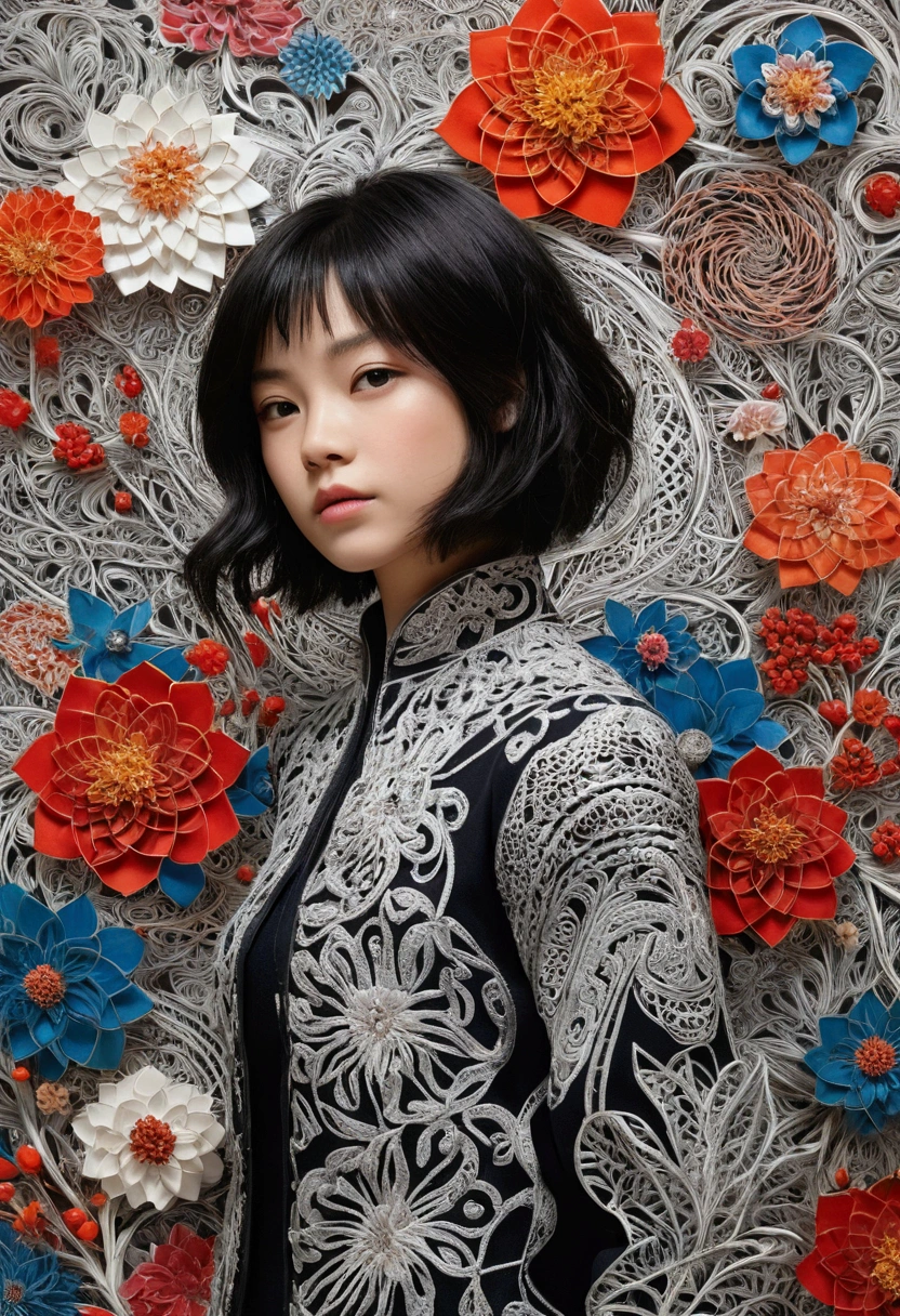official art, Harmony wallpaper 8K, very detailed, beautiful and beautiful, Masterpiece, best quality, Chinese style, (zentangle, Mandala, tangle, entangle), joy of flowers, 1 girl, very detailed, Dynamic angle, Cowboy Shot, The most beautiful chaos, elegant, Designed by a brutalist, bright colors, Romantic, By James Jane, Robi Dvi Antono, Ross Tran, Francis Bacon, It's freezing cold., Adrian genius, Petra Corright, Gerhard Richter, Takato Yamamoto, Ashley Wood, atmosphere