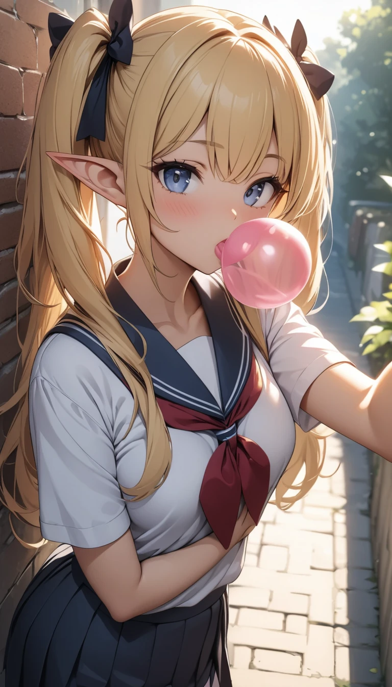 ((best quality)), ((masterpiece)), (detailed), blonde hair, twintails, backlighting, high quality, best quality, high details, Japanese school girl uniform, blowing up bubble gum, (taking a selfie with a smartphone), summer sunlight, sun, sunny weather, standing by a brick wall, elf, pointy ears, Leaning against a wall, ribbon, big ribbons at the knot of her twintails