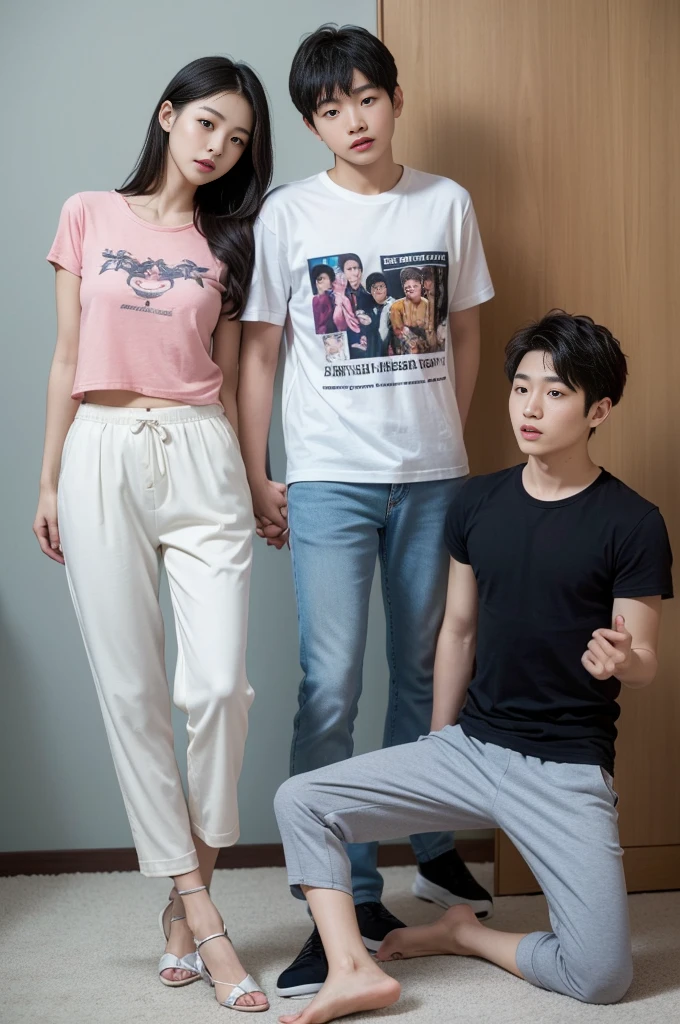 (((SFW : 1.2))), (realistic), (intricate details:1.2), (masterpiece、:1.3), (top quality:1.4), (Ultra A high resolution:1.2), Ultra A high resolution, 8K resolution, very detailed expression, dark, (high quality), complete anatomy, Normal anatomy, full body photo, 3 Koreans, 1 2 year old boy, ung mother and 1 mother friend., Mom wearing a t-shirt and pants doesn't look good, The friend is very beautiful and wearing a top and miniskirt, Going out clothes, hospital pediatrics, Women are 20 years old