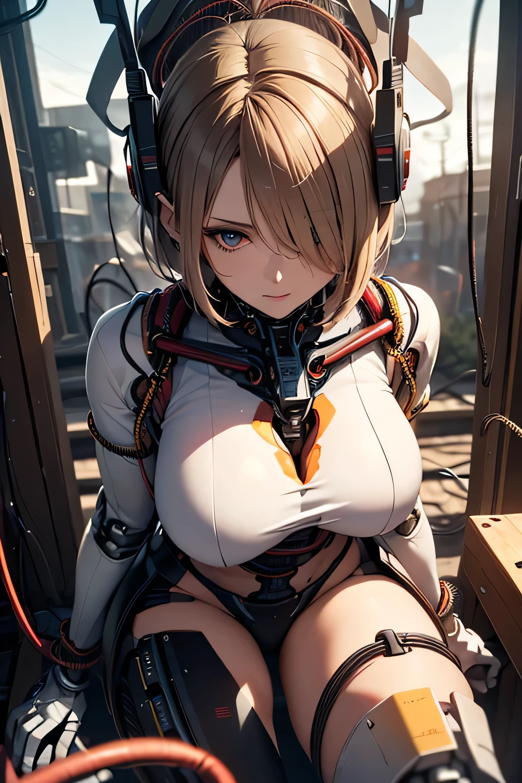 (((masterpiece))), (((Highest quality))), ((Very detailedな)), (Detailed CG illustrations), ((Very delicate and beautiful)),Cinematic Light,((One mechanical woman)), alone,mature,(Big and ample breasts),(Plump), (((The crotch is open))),((Thighs)),((Sitting)),whole body, (Machine made joints:1.4),((Mechanically cut muscle blood vessels connected to tubes),((Mechanical cervical spine attached to the neck)),(Wires and cables connected to the head and torso:1.5),short hair,(Character Focus),sf, ,((Very detailed,colorful)),Best details