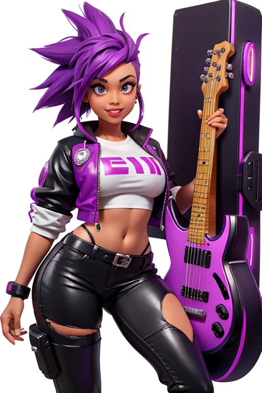 one,8k highly detailed, casual games, , 3D art style, Half body photo,White background,big eyes,cute,Model posing,mature African American woman,solid color background, purple Mohawk hair,Smile,(((White background))),((Cyberpunk clothing)),Punk clothes,cyberpunk style,Show belly,Face shot, purple Mohawk hair, playing a electric guitar, singing into a microphone, with big perfect lips. 