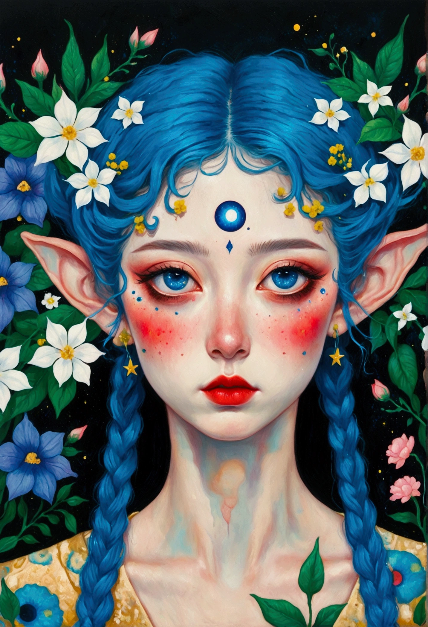 The painting shows a woman with blue hair and blue eyes,Elf ears,Surrounded by flowers, Nandor Katona (Soldier Nándor) Surrealism, Winner of the Behance competition, Pop surrealism, Pop surrealism lowbrow art style, lowbrow Pop surrealism, japanese Pop surrealism, Third Eye Vision, Star-studded eyes,
