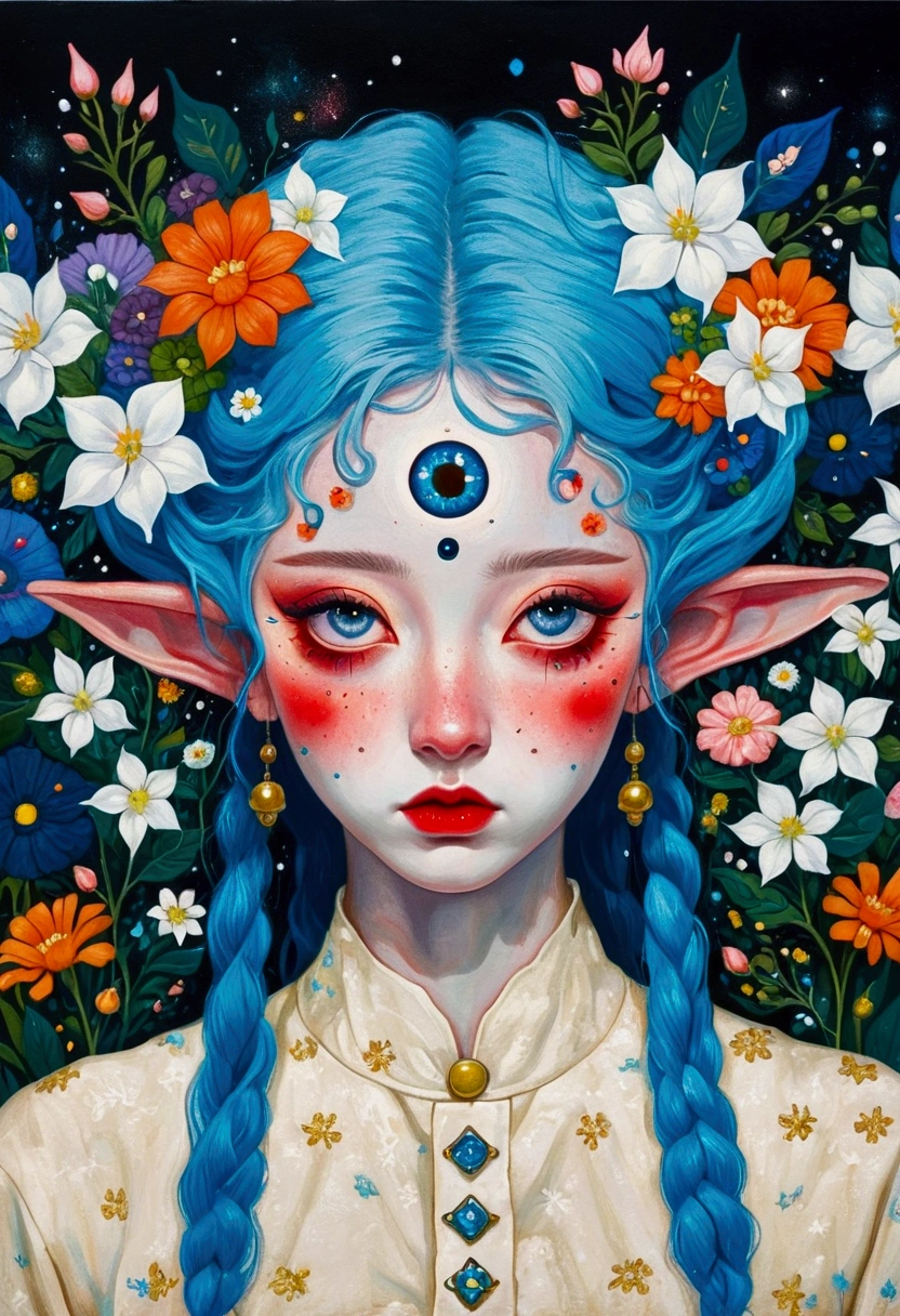 The painting shows a woman with blue hair and blue eyes,Elf ears,Surrounded by flowers, Nandor Katona (Soldier Nándor) Surrealism, Winner of the Behance competition, Pop surrealism, Pop surrealism lowbrow art style, lowbrow Pop surrealism, japanese Pop surrealism, Third Eye Vision, Star-studded eyes,