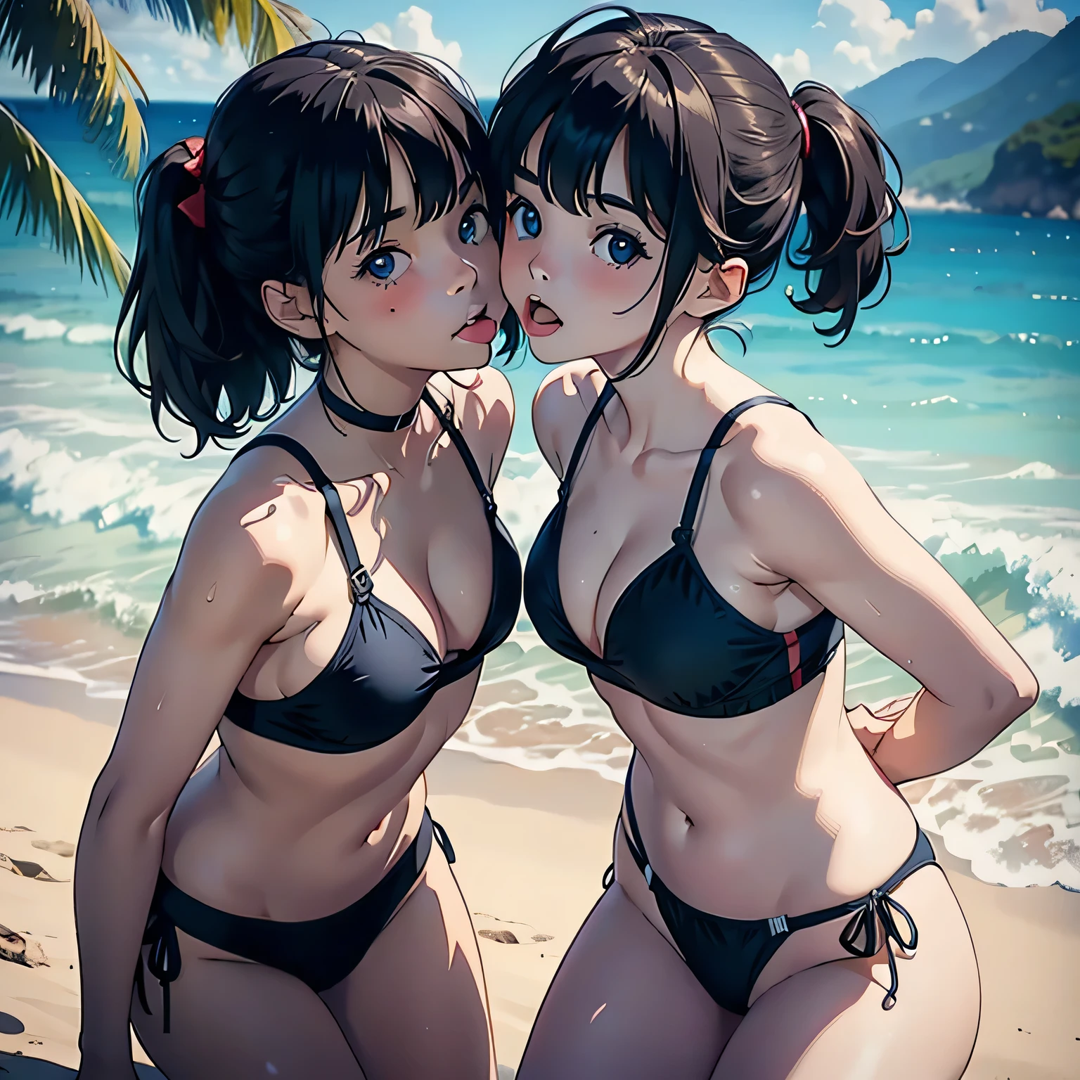 Two girls kissing with their tongues entangled,Swimwear,