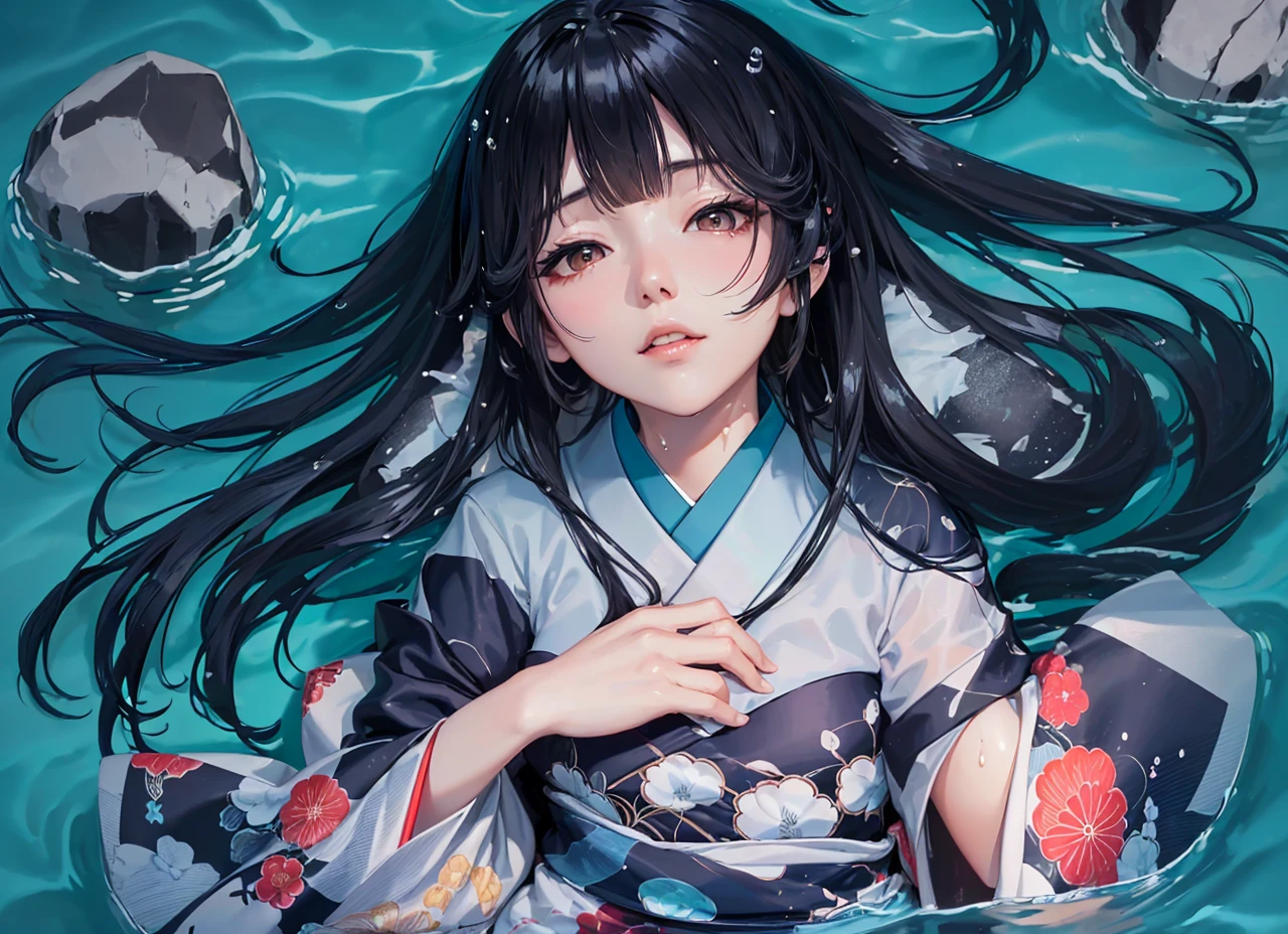 ((Japanese woman)) ((adult woman)) ((long hair)) ((black hair)) ((kimono)) ((dark blue kimono)) ((in water)) ((laying in the water)) ((water)) ((rocks))