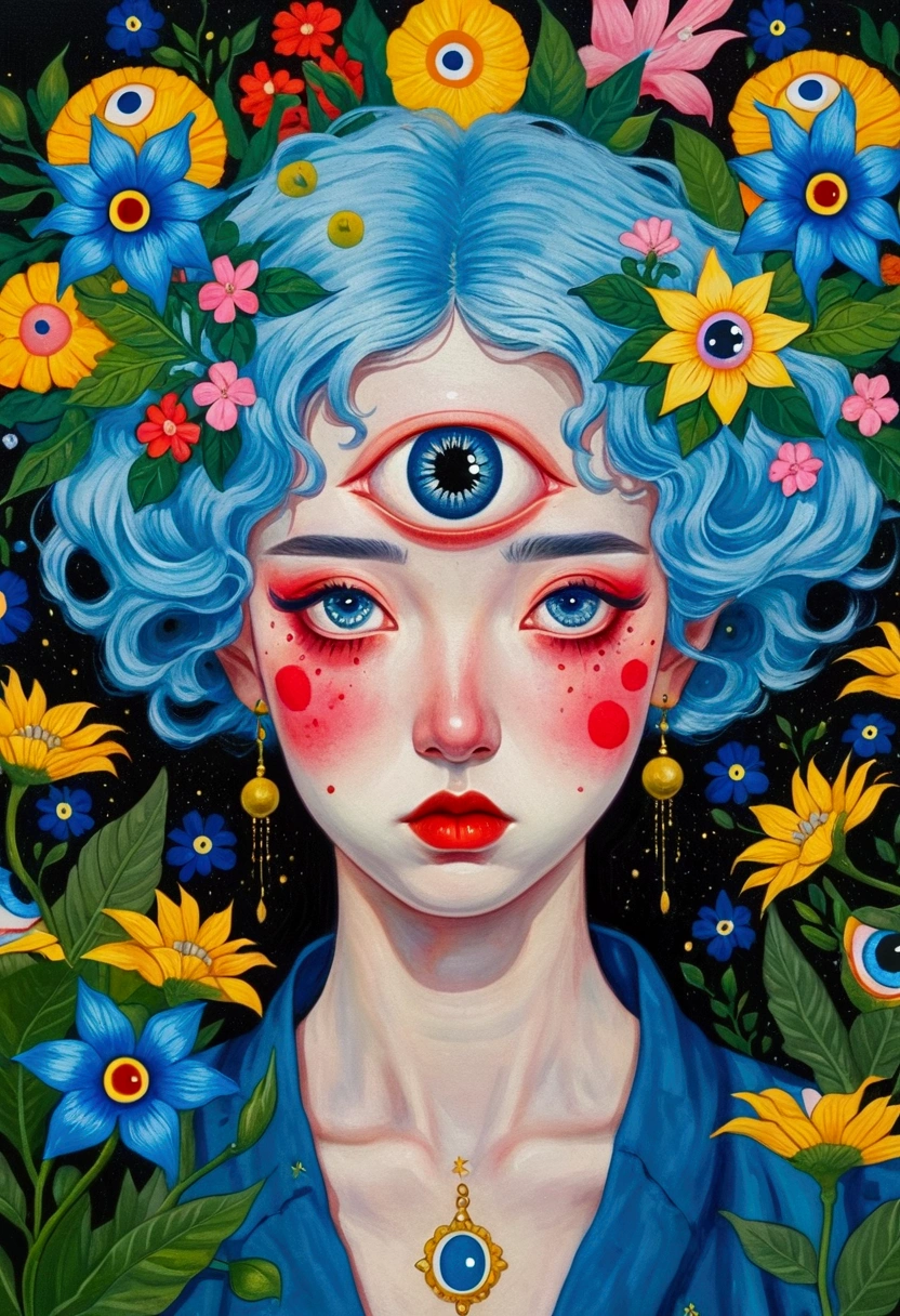 The painting shows a woman with blue hair and blue eyes，Surrounded by exotic flowers, Nandor Katona (Soldier Nándor) Surrealism, Winner of the Behance competition, Pop surrealism, Pop surrealism lowbrow art style, lowbrow Pop surrealism, japanese Pop surrealism, Third Eye Vision, Star-studded eyes, The Third Eye, Portrait of a mysterious giant eye, Psychedelic illustration