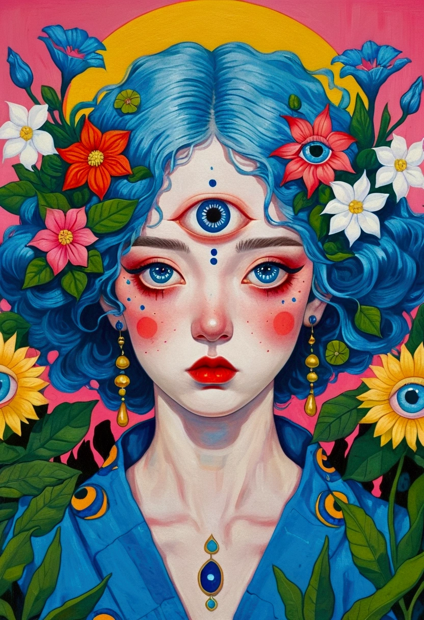 The painting shows a woman with blue hair and blue eyes，Surrounded by exotic flowers, Nandor Katona (Soldier Nándor) Surrealism, Winner of the Behance competition, Pop surrealism, Pop surrealism lowbrow art style, lowbrow Pop surrealism, japanese Pop surrealism, Third Eye Vision, Star-studded eyes, The Third Eye, Portrait of a mysterious giant eye, Psychedelic illustration