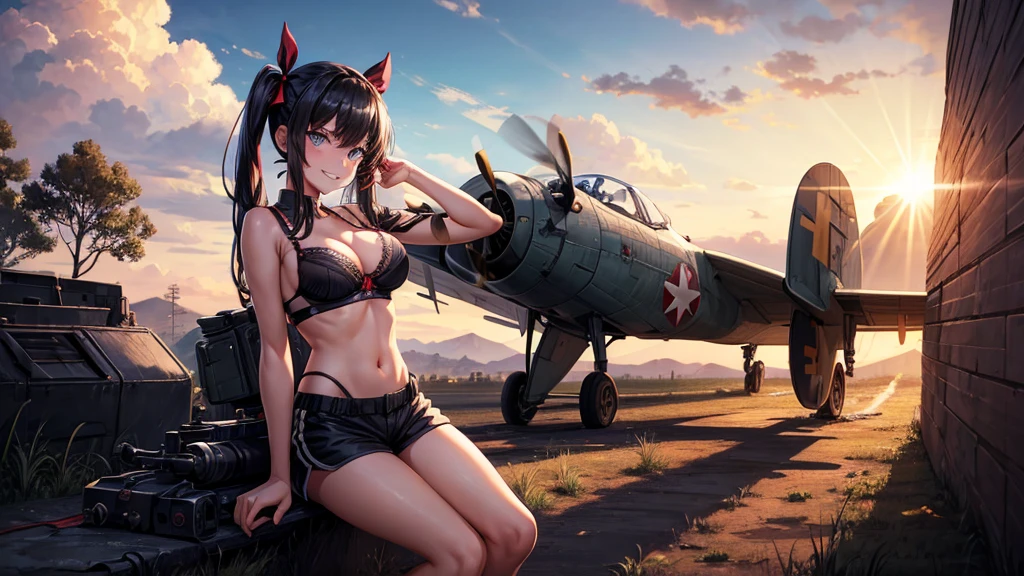 1girl, solo, burningl landscape, village, trees, sun, clouds, war, black hair, twintail, large breasts, ((military pattern bra)), ((shorts)), blue eyes, grin, machine gun in hand, looking at the viewer, dinamic pose, run, hair ribbon, aircraft on the air, tanks