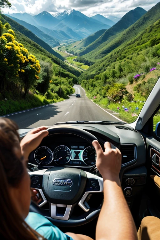 Sunny afternoon A right-hand drive Isuzu giga fvr truck driver casually holds the steering wheel while enjoying the view out the cockpit window. Outside, the winding road descends into a lush green valley. Beautiful mountains tower in the distance with their peaks covered in clouds. Colorful fresh wild flowers bloom along the roadside."this scene is very realistis and stunning