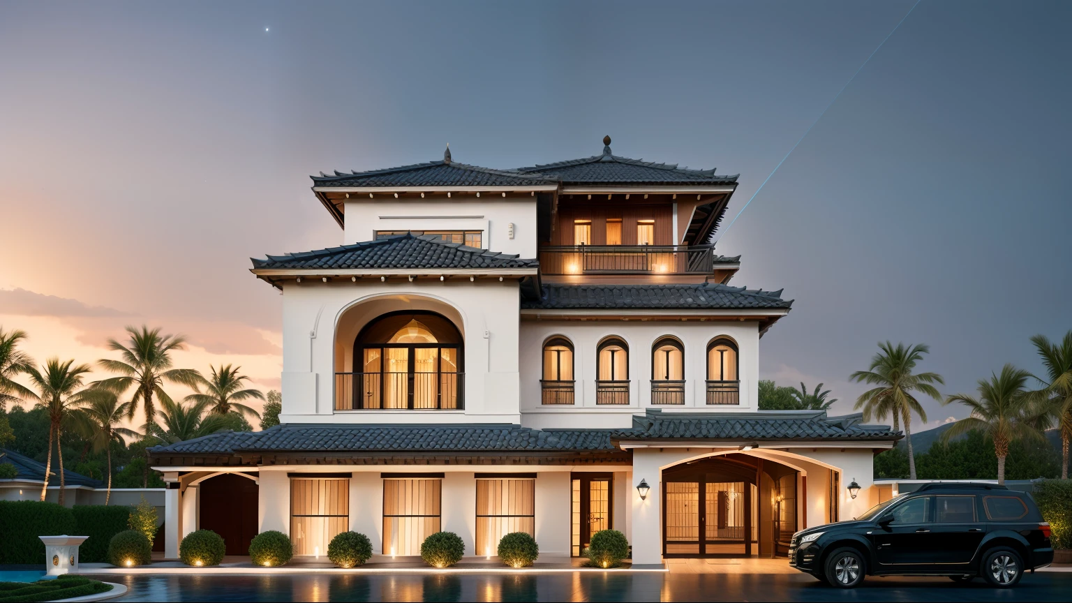 When design a MEDITERRANEAN EXTERIOR house, exterior design, (dark blue roof:1.1), (roof tile:1.2), (indochine style:1.1), ((Iron with artistic patterns detail:1.3) designed to make railings, windows),(xingfa door), (curved arch:1.35), (white wall), (nigh light:1.2), (night view:1.2),designed to make gates, railings, windows), The house bathed in natural nightlight and has warm LED lighting. Super sharp like photos taken with a professional camera, color block wall detail, (|color block materials| in neoclassic house), white color block neoclassic house (((volumetric light))), (outdoor ceiling spotlight:1.2), (Exterior night reverse lights:1.2), (|neoclassical cornice|), The focal point of the room the warm LED light with a color temperature of 3600k, |reverse lights| illuminate the columns around the house, night, 8k uhd, dslr, soft lighting, high quality, film grain, Fujifilm XT3 day, 8k uhd, dslr, soft lighting, high quality, film grain, Fujifilm XT3, The ambient lighting highlights the textures and details, creating a stock photo-like atmosphere, (((Best Quality))), ((Masterpiece)), ((best illustration)), ((best shadows)), ((Super Detail)), (Intricate lines), (Photorealism),(hyper detail), ((archdaily)), ((award winning design)), (dynamic light), ((day)), (perfect light), (shimering light), (hidden light), ((photorealistic)), ((FKAA, TXAA, RTX, SSAO)), ((Post Processing)), ((Post-Production)), ((CGI, VFX, SFX)), ((Full color)) ,((Unreal Engine 5)), ((intricate detail)), ((extreme detail)), ((science)), ((hyper-detail)), ((super detail)), ((super realistic)), ((crazy detail)), ((octane render)), ((Cinematic)), ((trending on artstation)), ((High-fidelity)), ((Viwvid)), ((Crisp)), ((Bright)), ((Stunning)), ((Eye-catching)), ((High-quality)),((Sharp))((Bright)), ((Stunning)), Natural, ((Eye-catching)), ((Illuminating)), ((Flawless)), ((High-quality)),((Sharp edge render)), ((medium soft lighting)), ((photographic render)), ((detailed archviz))